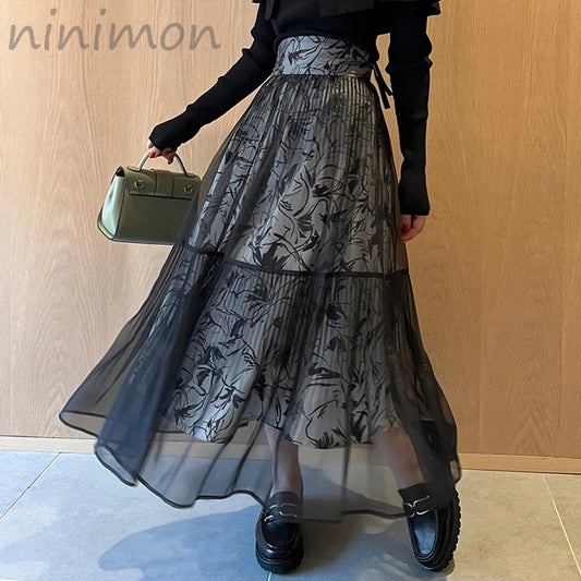 NINIMON Pleated Chiffon Layered Print Midi Skirt New Vintage Floral Skirts Slim Office Ladies Long Skirt Four Seasons Wearable